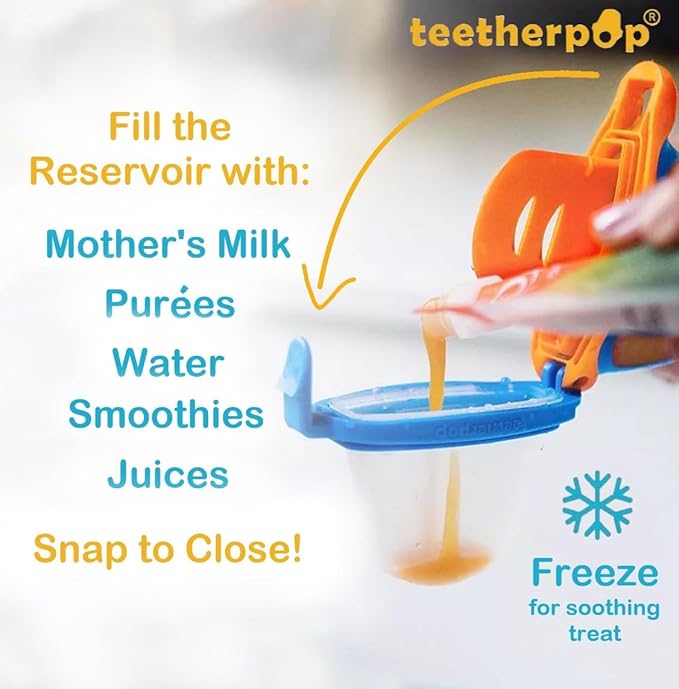 Teetherpop Fillable Silicone Teether for Babies – Breastmilk Popsicle Molds for Teething with Spill-Proof Sippy Slits – Freezable Baby Teethers for Liquids & Purées - Cooling Relief (4-Pack-Blues)