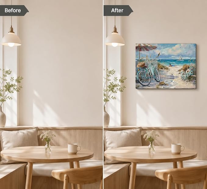 LRTNMTJ Coastal Bicycle Canvas Wall Art Beach Scene Oil Painting Print Summer - Image 5