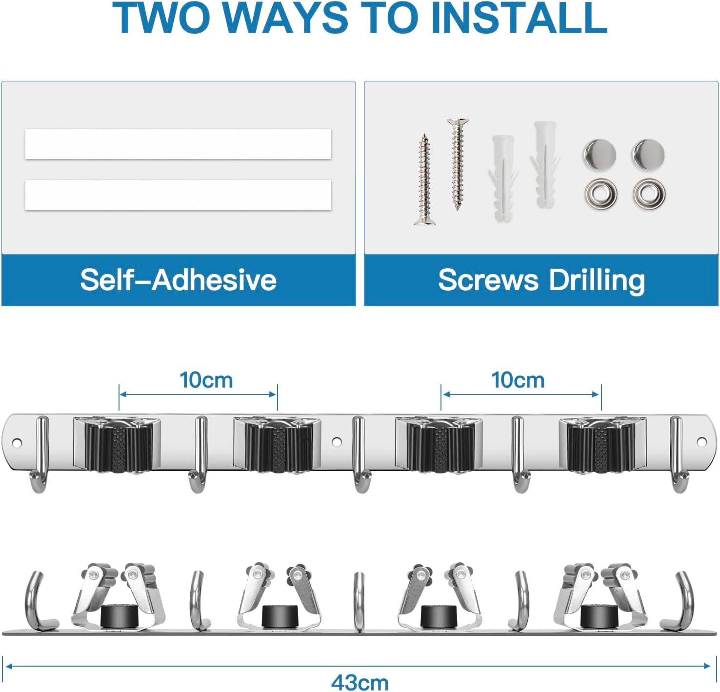 IMILLET Broom Holder Wall Mounted, Stainless Steel Broom Mop Holder Self Adhesive Heavy Duty Hooks Storage Organizer for Home Laundry Room Garden Garage Closet Kitchen 1 Pack（4 Racks with 5 Hooks）