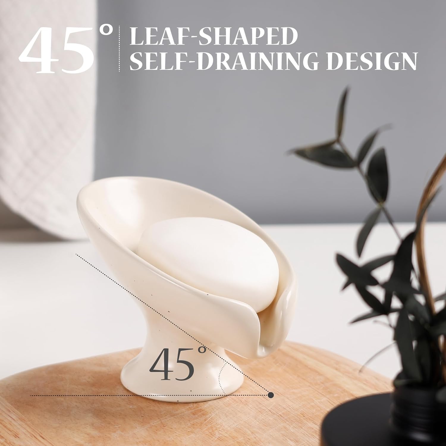 Soap Dish, Self Draining Bar Soap Holder for Bathroom Sink, Leaf Shaped Drainage Ceramic Speckled Soap Dish Porcelain Decorative Soap Dishes, ANTIS'S HOME
