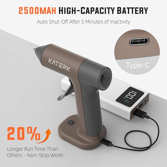 Katerk Cordless Hot Glue Gun Kit, Mini Glue Gun, Auto Shut-Off, Khaki | 2500mAh - Image 4