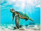 JAPO ART Green Sea Turtle Wall Art Submarine Picture Blue Ocean Animal Painting by JAPOART