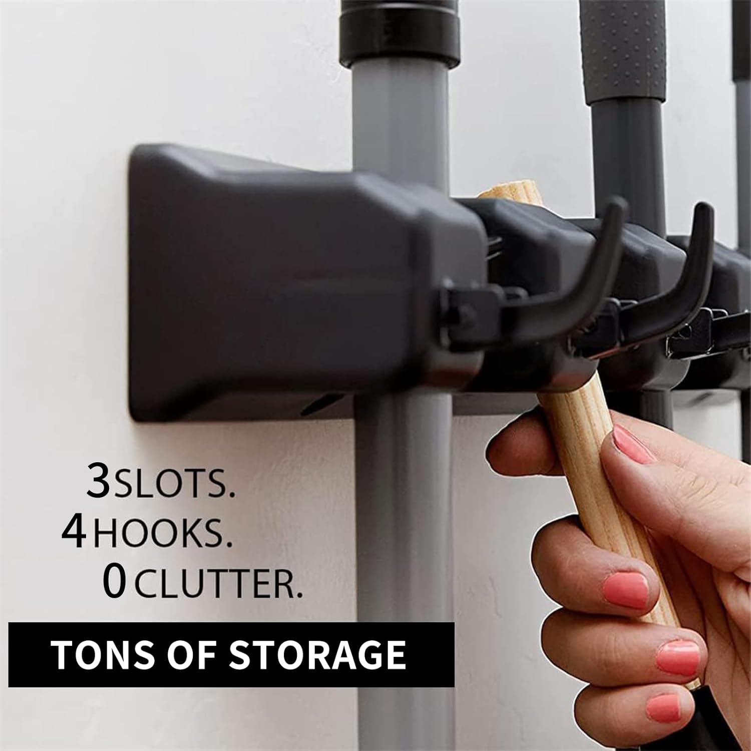 Broom and Mop Holder Wall Mount, Hooks Hanger for Mops and Broom, Organizer Kit with 3 Slots and 4 Hooks, Perfect for House, Bathroom, Laundry, Garden, Tool Room, Garage, Wall Mounted, Black