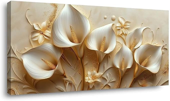 ZESTRILIA Golden White Calla Lily Canvas Wall Art, Luxury Floral Gilded Print by Unknown
