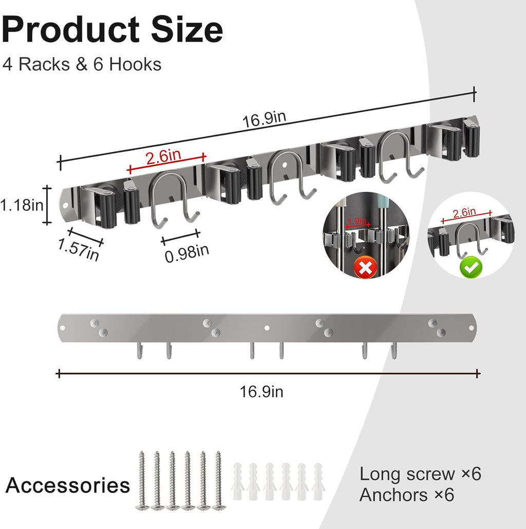 Mop Broom Holder Wall Mount, 2 Packs Silver Stainless Steel Tool Storage Organizer for Kitchen Garden Garage Laundry Room Bathroom and RV with 4 Slots 6 Hooks