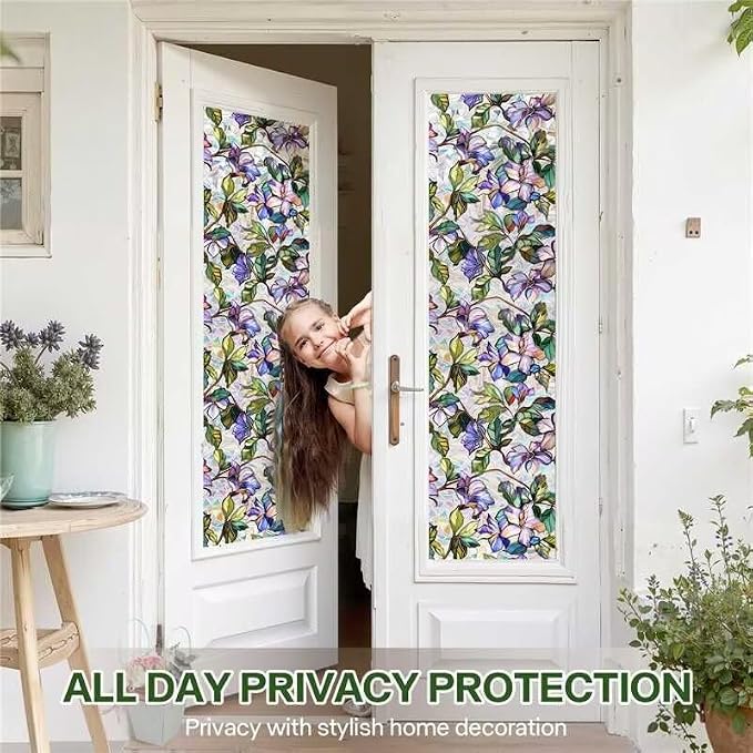 Purple Flower Window Privacy Films, Stained Glass Rainbow Floral Window Sticker - Image 4