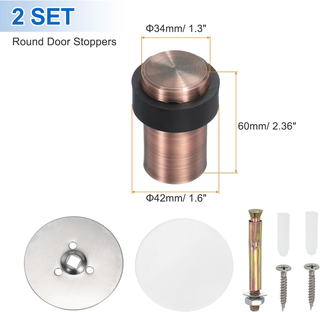 PATIKIL 2Set Round Door Stoppers, 60mm Stainless Steel Door Stop Doorstop Wedge Metal Cylinder Self Adhesive with Screw for Bottom of Door Floor Inside, Gold Tone