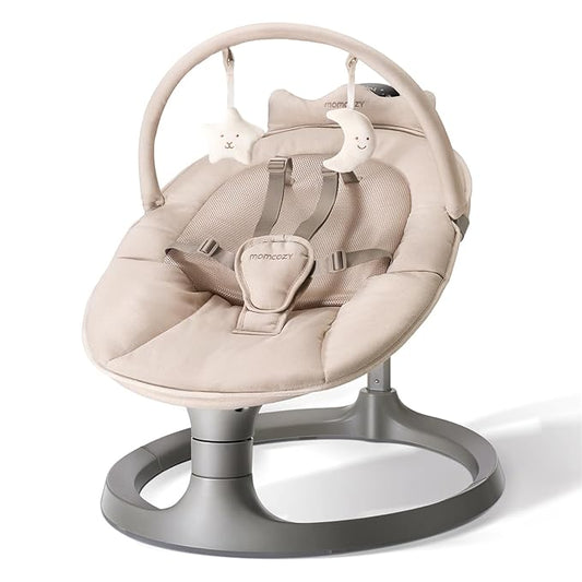 Momcozy 2-in-1 Electric Baby Swing, Dual-Arm Support System & Parent-Inspired Motions, Convertible to Toddler Seat up to 66 lbs, Adjustable Height, Lightweight, Khaki