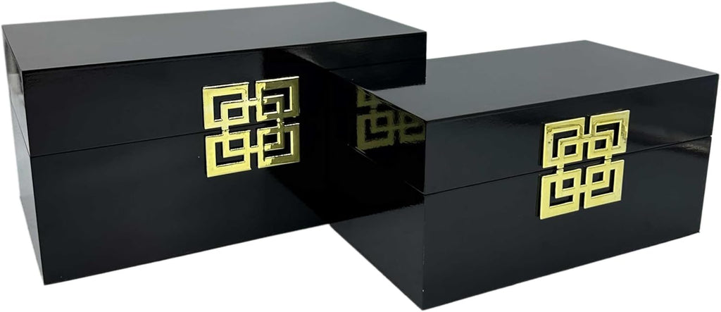 Galt International Storage Box Set Decorative Storage Box w/Hinged Lid Classic Design Wood Decor Boxes with Geometric Clasp Storage for Bedroom & Home - Set of 2 (Black & Gold)