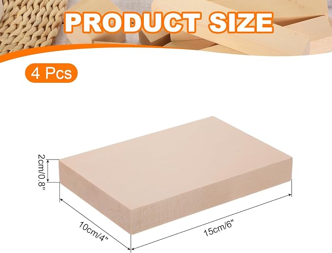 MECCANIXITY 4Pcs Basswood Carving Block, 0.8"x4"x6" Square Wooden Dowels Blocks - Image 2