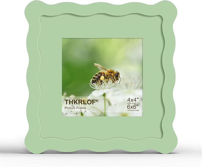 6x6 Picture Frame with Mat for 4x4, Wavy Edge Wooden Real Glass Photo Frame for by THKRLOF
