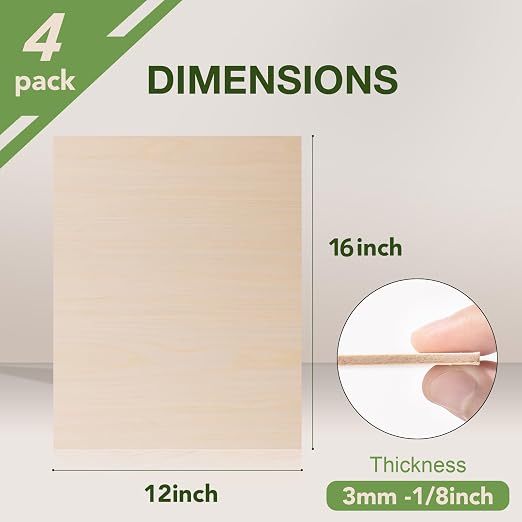 Rowood 4 Pack Maple Plywood 1/8, 3mm Wood Sheets Thin Unfinished Maple Plywood - Image 2