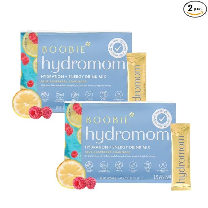 Boobie Hydromom Superfood Electrolyte Drink Mix, Blue Raspberry Lemonade | Refreshing Energy & Hydration Boost for Mamas | On-The-Go & Travel Essentials for Pregnancy, Lactation, & Beyond - 2 Pack