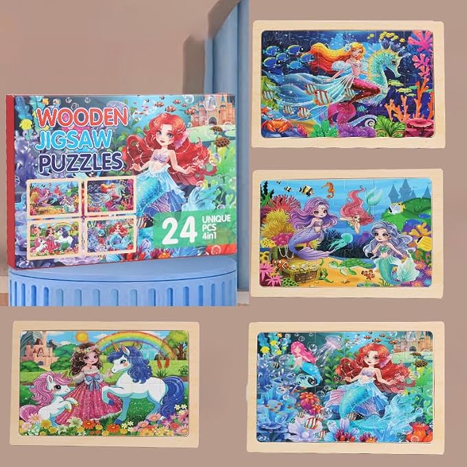 Wooden Puzzles for Kids Ages 4-6, 4 Packs 24 PCs Unicorn Mermaid Princess Fairy - Image 10