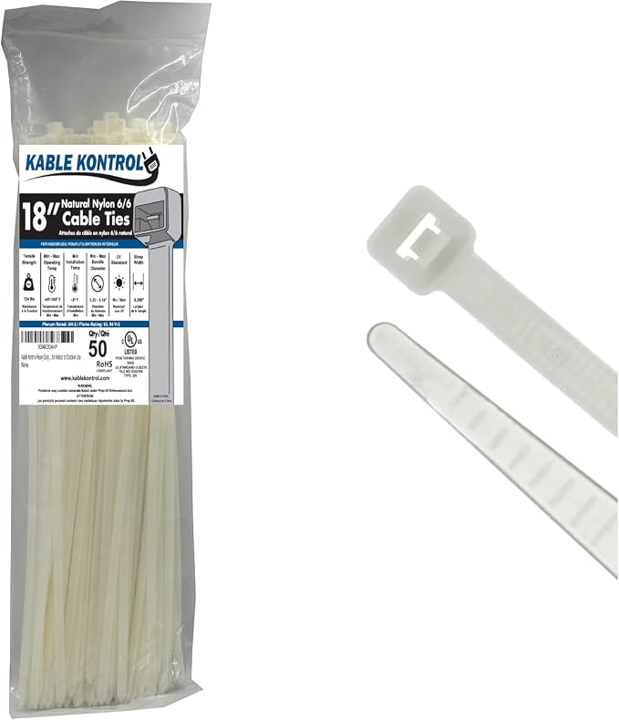 Kable Kontrol Heavy Duty Cable Zip Ties 50 Pcs 18 Inch, Natural White, 120 Lbs by KABLEKONTROL%C2%AE