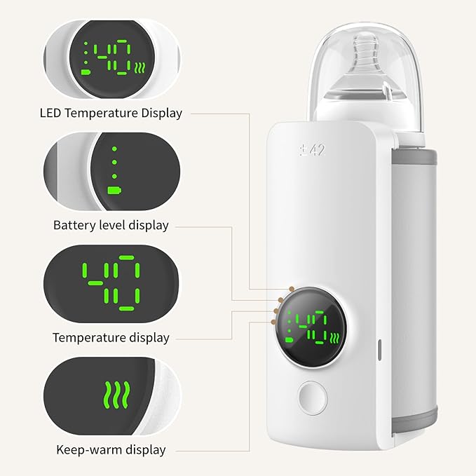 Portable Travel Baby Cordless Bottle Warmer,Baby Breastmilk and Formula Bottle Warmer,6000 mAh Rechargeable Battery,Digital Display Temperature Water Warmer On The Go,Feeding-Friendly Baby Essentials