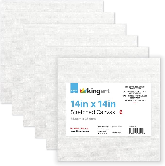 KINGART Stretched White Canvas Set – Square, 14x14 Inch, Triple Gesso Primed – by KINGART