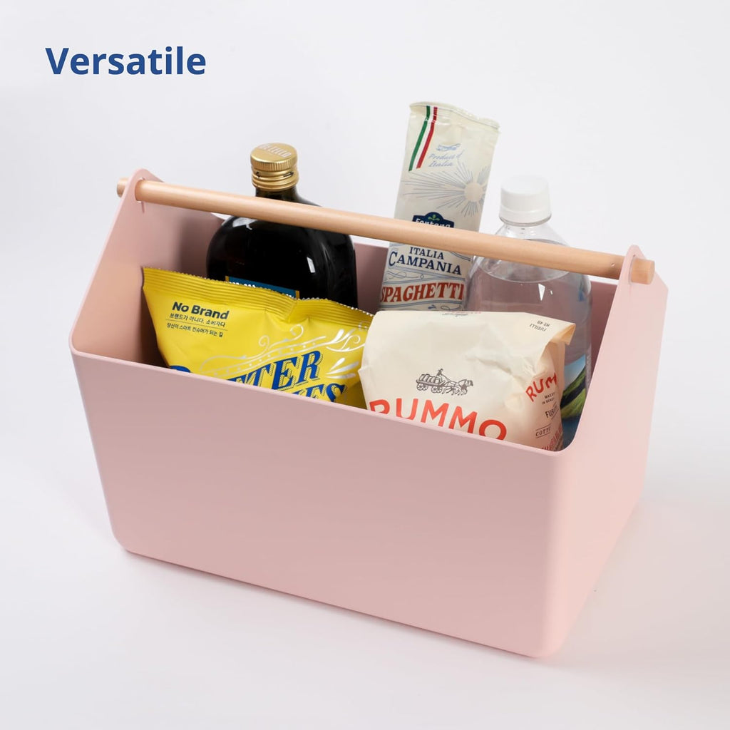 BLUE GINKGO Large Storage Basket – Plastic Caddy with Wooden Handle for Bathroom, Pantry, or Cleaning Supplies (Pink)