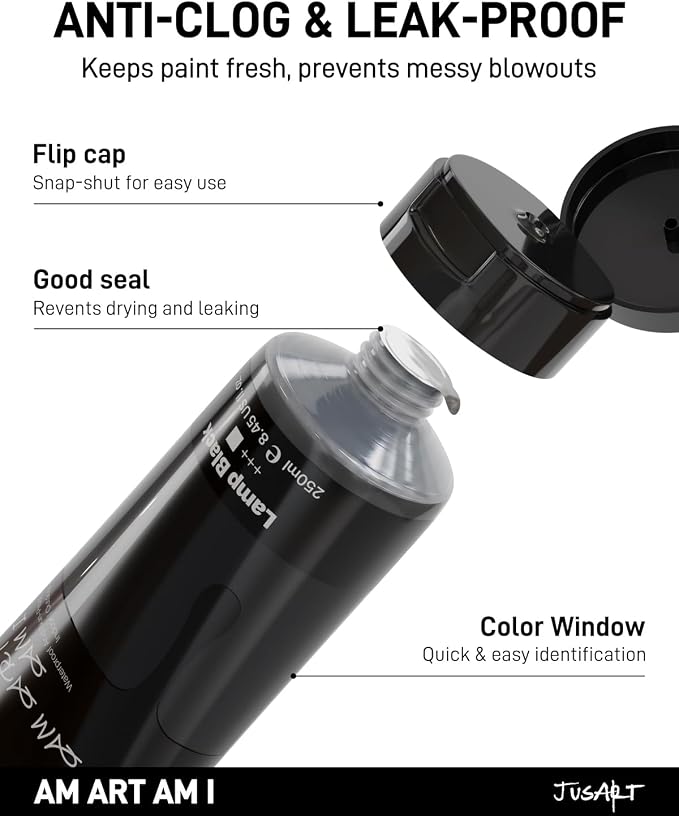 JusArt Black Acrylic Paint, 8.45oz/250ml Large Tube, Heavy Body Rich Pigment - Image 7