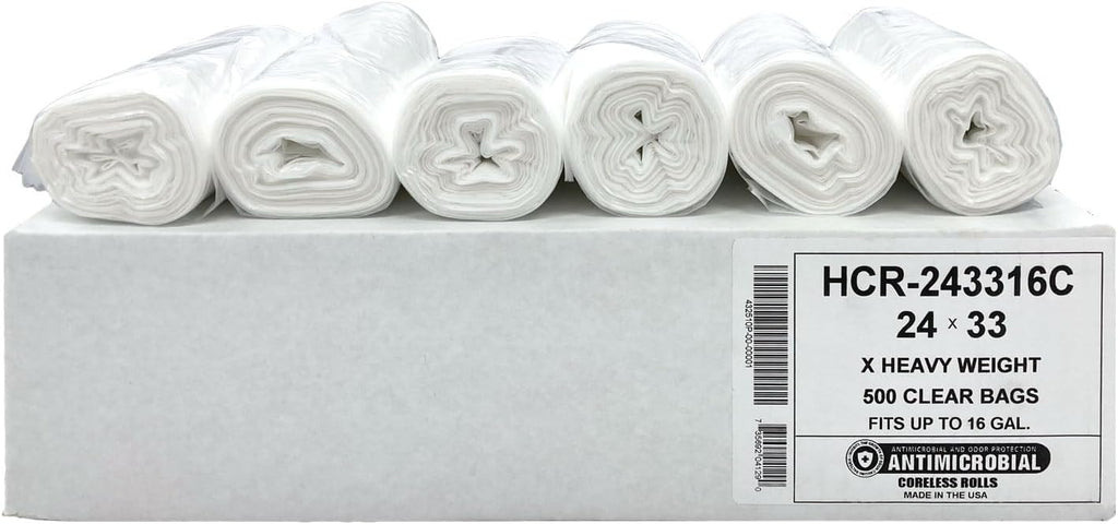 Aluf Plastics High Density Trash Bags, 12-16 Gallon, 500 Count, 16 Micron (eq), 24" x 33", Clear, For Bathroom, Office, Industrial, Commercial, Janitorial, Municipal, & Recycling