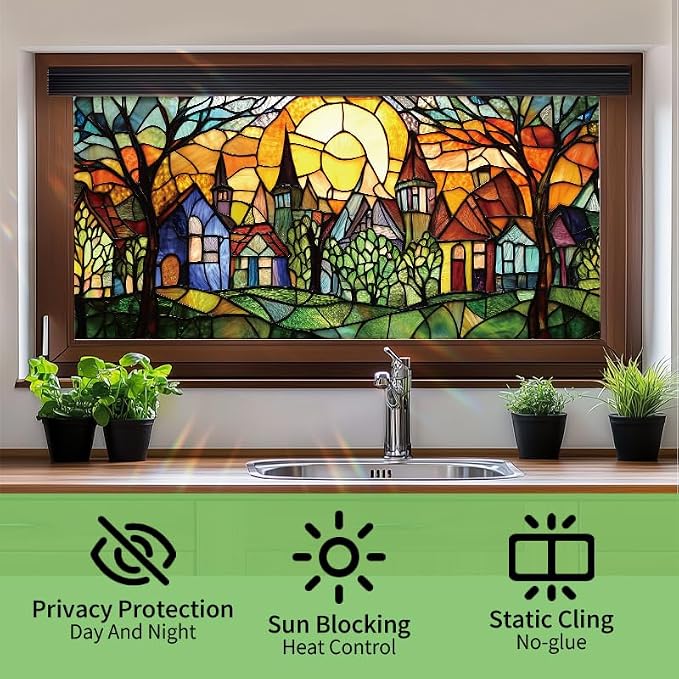 Colorful Fairy Village Stained Glass Window Film 17.71x39.97 Inch Sunlit Houses - Image 2
