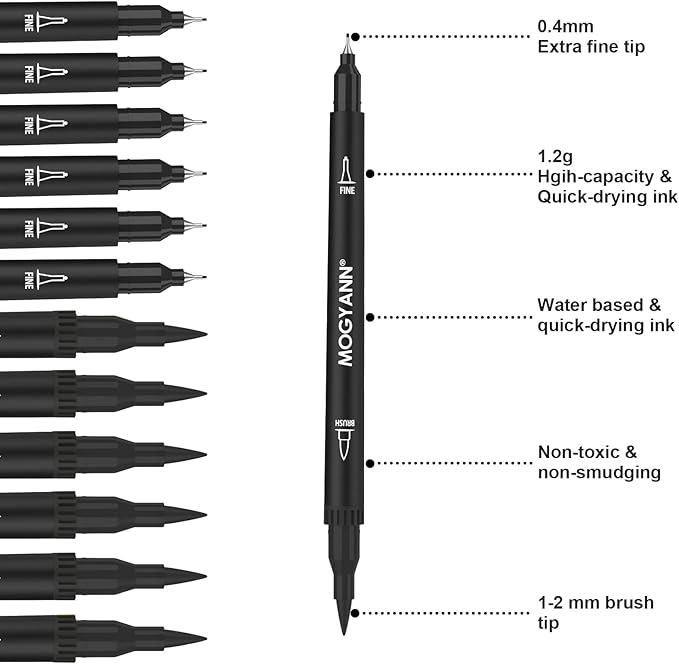Drawing Pens, 12 Pack Dual Brush Pens Black Markers - Image 2