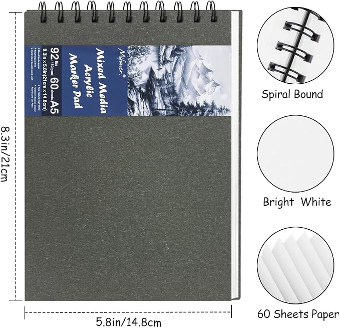 8.3x5.8 Sketch Book, Top Spiral Bound Sketch Pad, 60sheets 92lb/150gsm Bright - Image 2