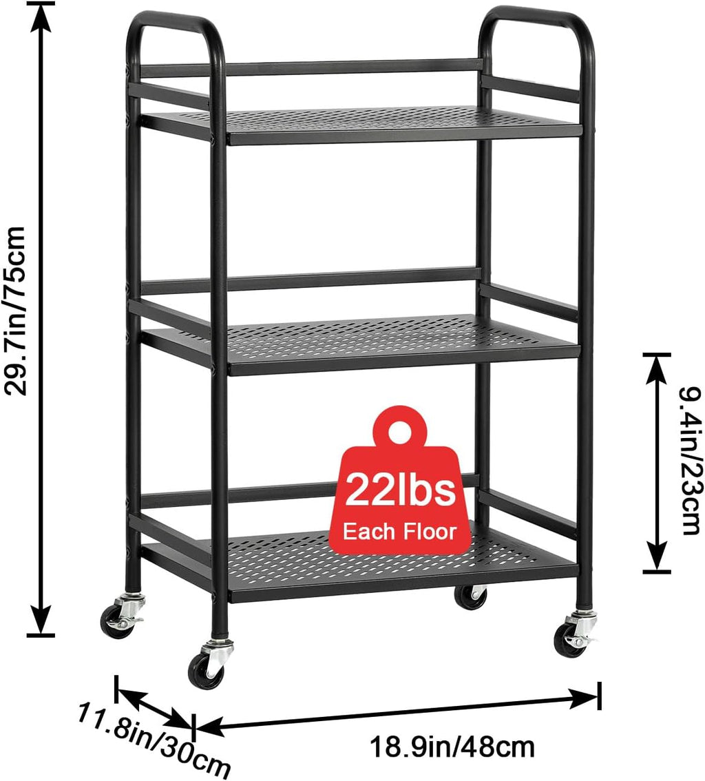 HDANI 3 Tier Rolling Cart,Heavy Duty Multifunctional Metal Frame-Supports 22 Lbs Per Tier,Rolling Cart with 2 Lockable Wheels for Office,Home,Bedroom,Kitchen,Bathroom (Black)…