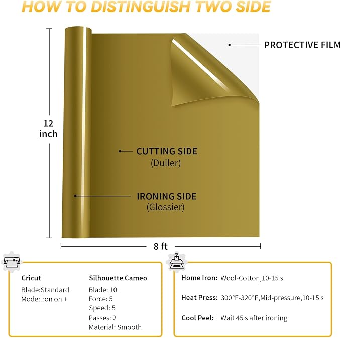VinylRus Heat Transfer Vinyl-12” x 8ft Gold Iron on Vinyl Roll - Image 4