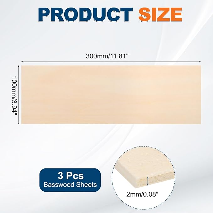 MECCANIXITY 3pcs Basswood Sheets 12 x 4 x 5/64 Inch Unfinished Wood Boards - Image 2