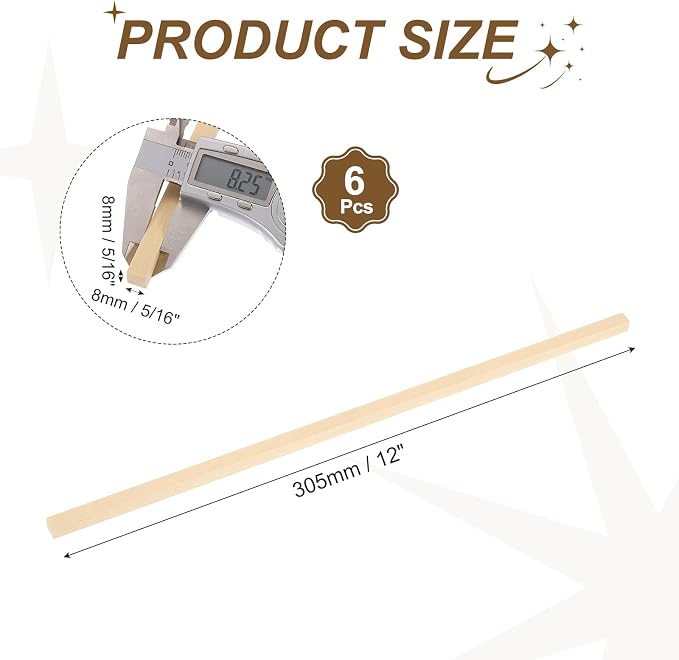 MECCANIXITY 6Pcs Basswood Sticks, 5/16" x 5/16" x 12" Square Wooden Dowel Rods - Image 2