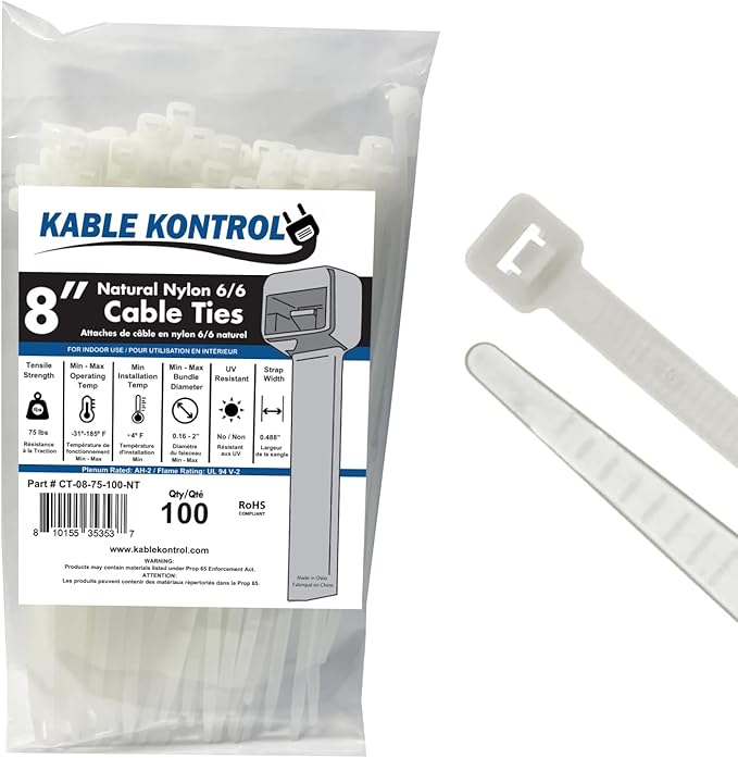 Kable Kontrol Zip Ties Natural White 8 Inch 100 Pcs, 75 Lbs Tensile Strength by KABLEKONTROL%C2%AE