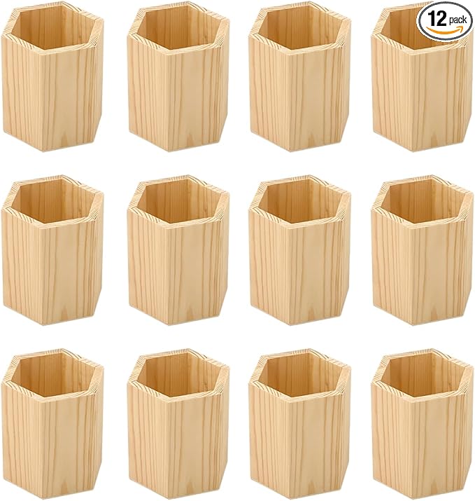 Cregugua 12 Pieces 4 Inch Wooden Pen Holder Hexagon shaped Unfinished Wood by Cregugua