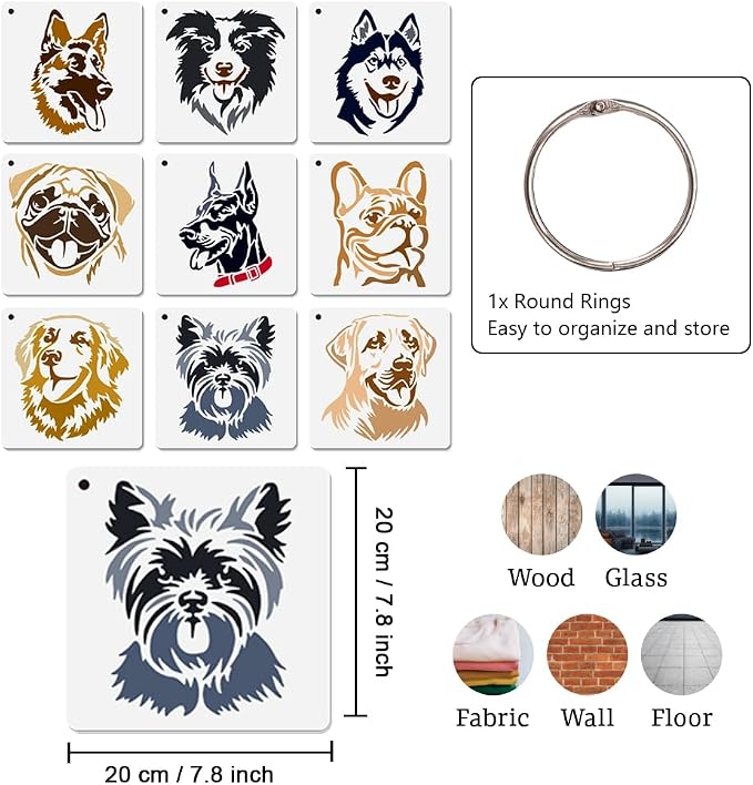 9Pcs Dog Head Stencils for Painting, 7.9"x 7.9" Reusable Bulldog Husky Labrador - Image 2