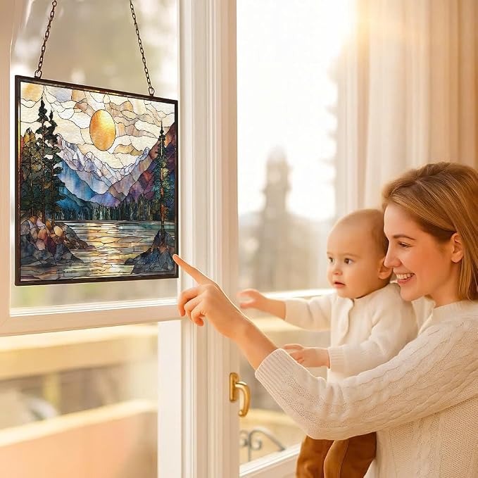Rectangle Sunset Mountains Lake Tree Stained Glass Sun Catcher Mountain Stained - Image 5