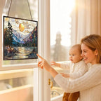 Rectangle Sunset Mountains Lake Tree Stained Glass Sun Catcher Mountain Stained - Image 5