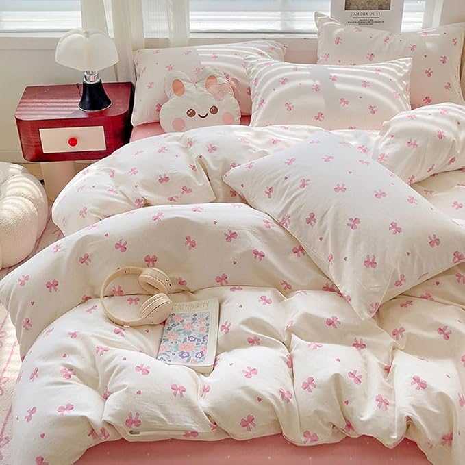 Nayoroom Pink Bow Duvet Cover Twin Size Heart Bows Printed Coquette Bedding Set - Image 3