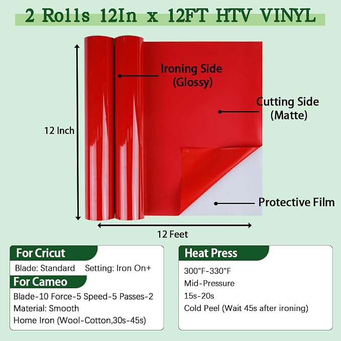 guangyintong Red Heat Transfer Vinyl HTV Rolls, 2 Rolls 12" x 12ft Red Iron on - Image 2