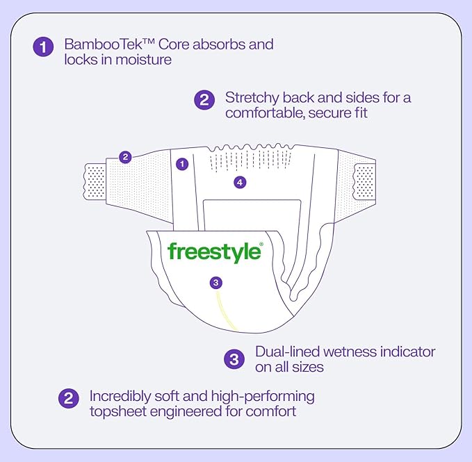 Freestyle BambooTek Diapers – (Size 3) Hyper Absorbent & Non-Toxic – Disposable Diapers for Sensitive Skin – Ultra Soft Diaper's (16-28 lbs) – 56 Count