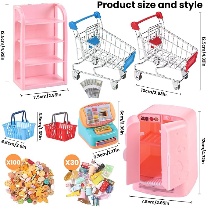 DULEFUN 143pcs Mini Shopping Cart Basket Miniature Food Drink Bottle Toys - Image 2
