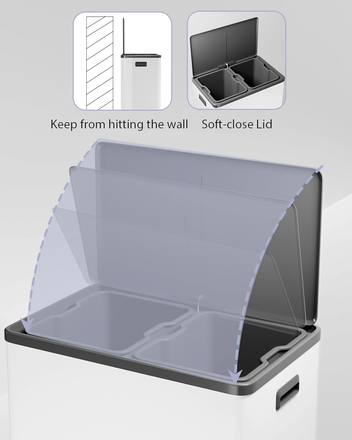 Garvee Dual Trash Can for Recycling and Trash, 2 x 30 L (60 L) Stainless Steel Kitchen Trash Can with Lid and Foot Pedal, Double Compartment Garbage Can, with Recycling Bin, 2 x 8 Gallon