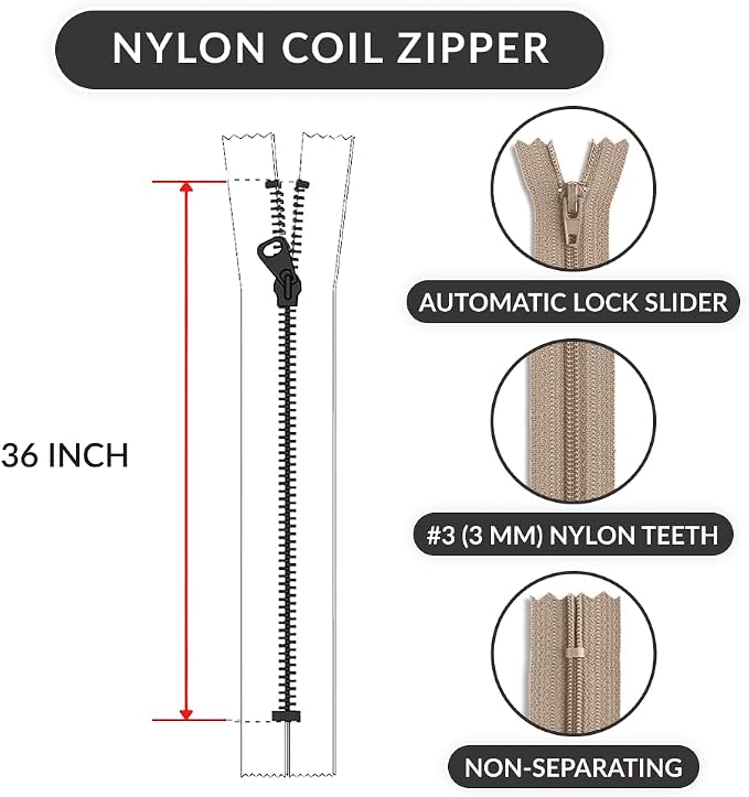 36 Inch Nylon Coil Zipper Light Beige Color, Non Separating Closed-End Sewing - Image 2
