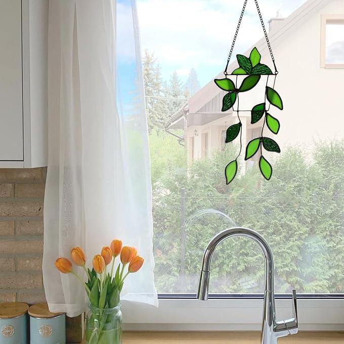 Green Stained Glass Suncatcher for Window, Artificial Fake Plant Decor Hanging - Image 2