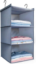 Hanging Closet Organizer and Storage 3-Shelf, Easy Mount Foldable Hanging Closet Wardrobe Storage Shelves, Clothes Handbag Shoes Accessories Storage, Washable Oxford Cloth Fabric, Gray