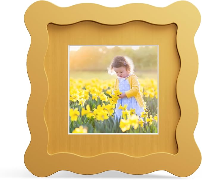 4x4 Picture Frame with Mat for 3x3, Wavy Edge Wooden Real Glass Photo Frame for by THKRLOF