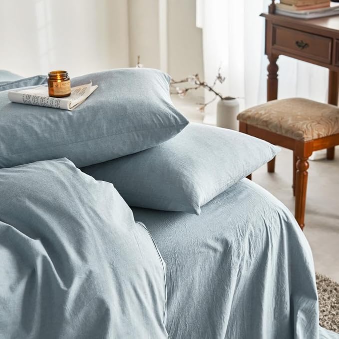 Wake In Cloud - Cotton Duvet Cover Set, Full Size, Light Denim Blue, 100% by WakeInCloud