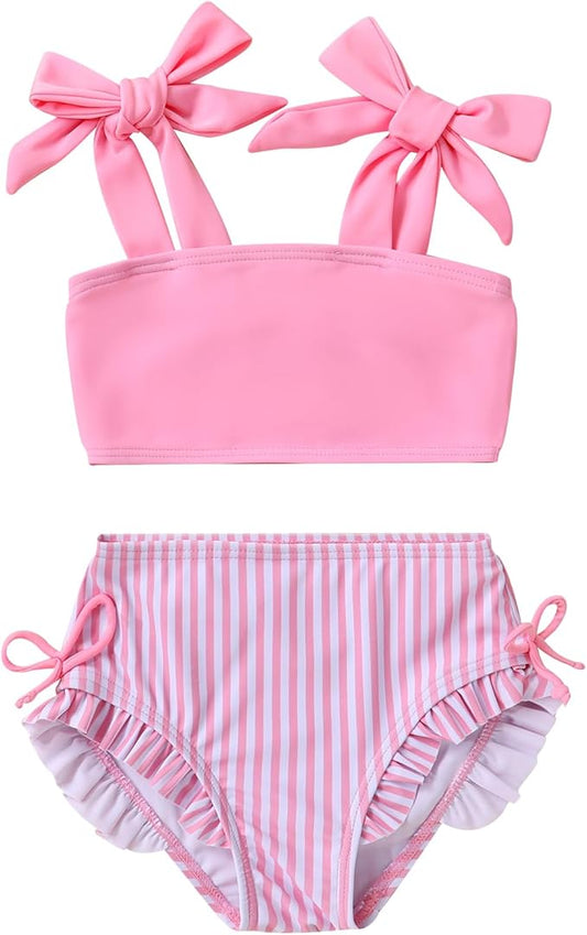 Toddler Swimsuit Girl Color Block Stripe Swimwear Baby Girl Summer Beach Bathing Suits Bikini Set with Ruffled Edges