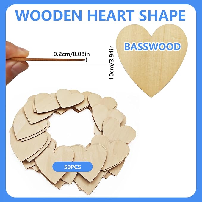 50PCS Wooden Heart, Made of Basswood, 4 Inch Unprocessed Wood Pieces, Natural - Image 2