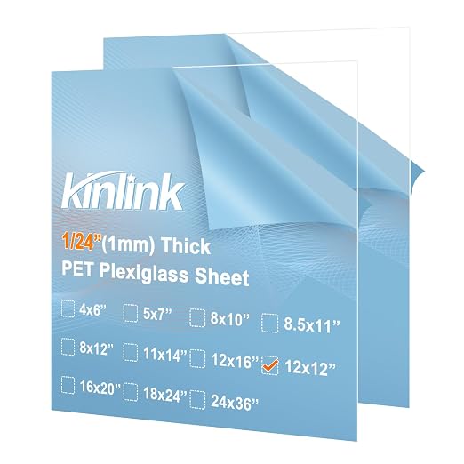 KINLINK 12x12 Plexiglass Sheets 1/24 inch Thick, 1mm Clear PET Plastic Sheet by KINLINK
