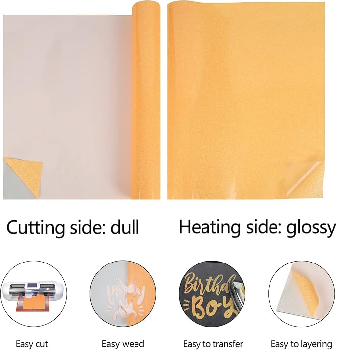 guangyintong Glow Glitter Orange Yellow Heat Transfer Vinyl HTV Rolls, Glitter - Image 5